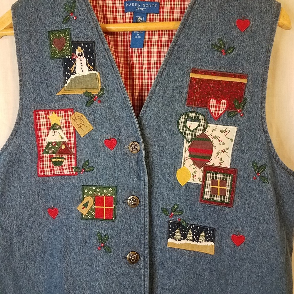 Christmas Karen Scott Vest Womens Med Blue Tree Star Snowman Ugly Vtg 90's - Picture 2 of 4